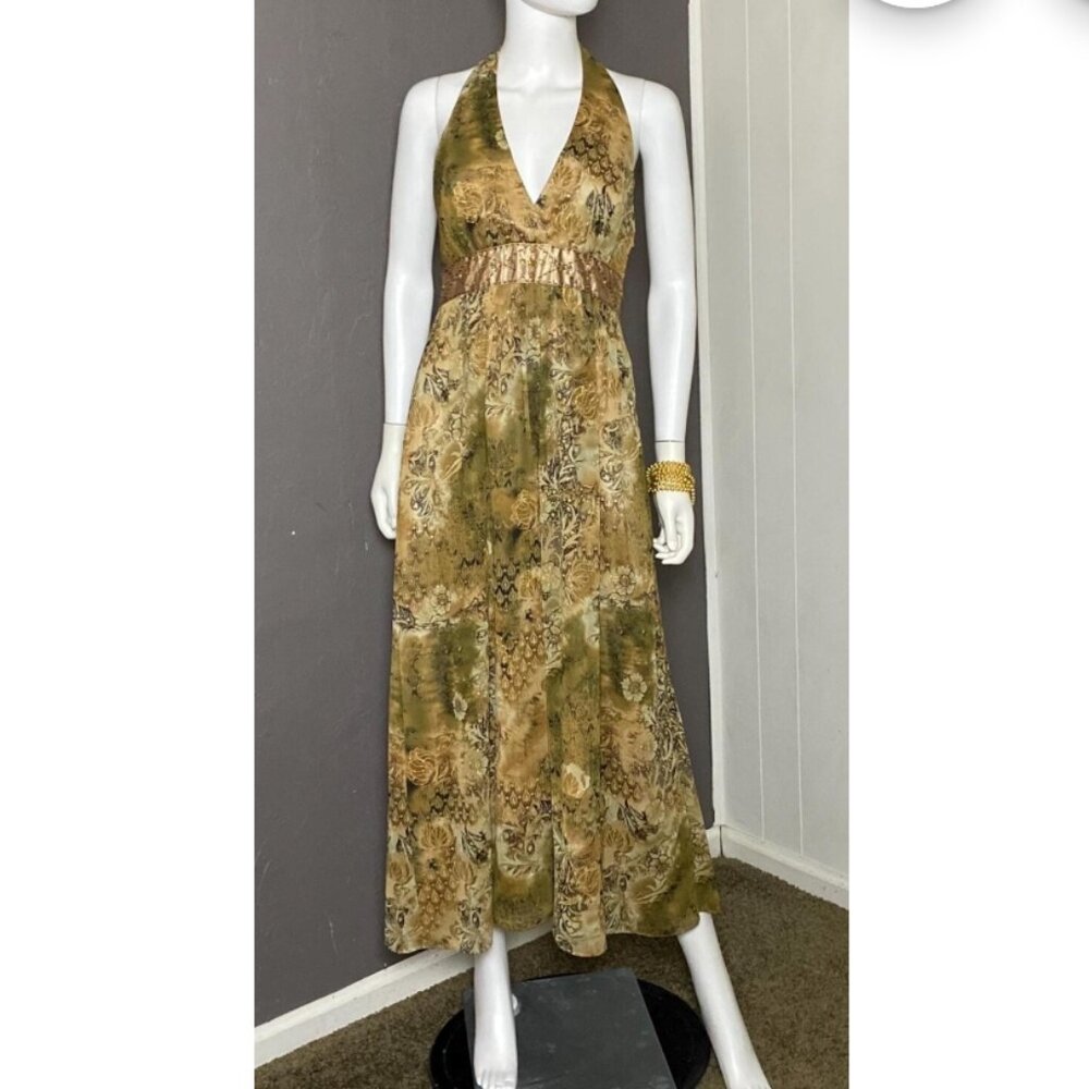 Vintage Maxi Halter Dress - Size 12- Gold Bronze Brown - Patterned